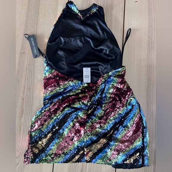Revolve Ronny Kobo Jo Gold Multicolor Sequin halter cocktail mini dress - 12 NWT - Picture 10 of 10